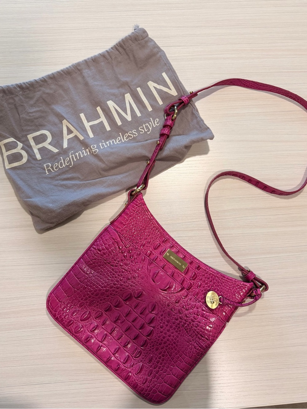 Brahmin Amelia Croc-Embossed Crossbody in Fuchsia
